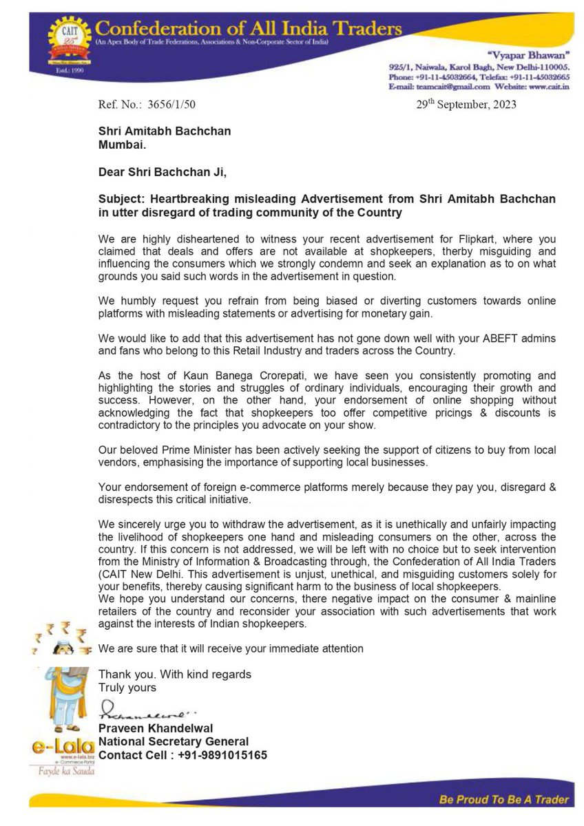PKhandelwal_MP's tweet photo. We @CAITIndia & @AimraIndia express deep regret to watch @SrBachchan participating in a misleading advertisement casting unwarranted reflections on capabilities of traders of the Country. We strongly demand for immediate withdrawal of the said advertisement else we will be forced to file a complaint with #ccpa @jagograhakjago & other legal recourse.