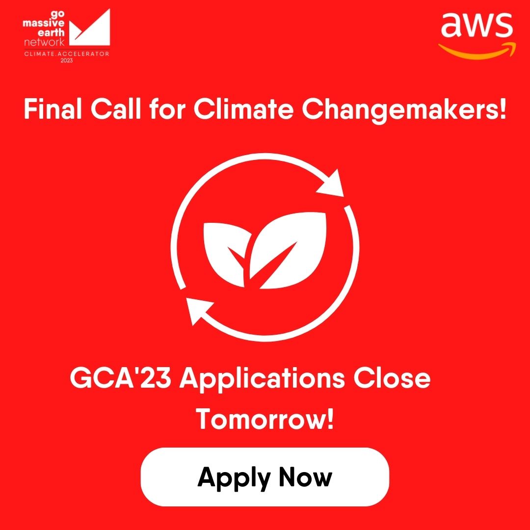 Time is running out!⏱️

The application deadline for GCA'23 is approaching fast. If you have a climate solution or idea, don't miss your chance to showcase it globally. Apply before midnight tomorrow, and be part of the solution!

Apply Here- gomassive.in/climateacceler…