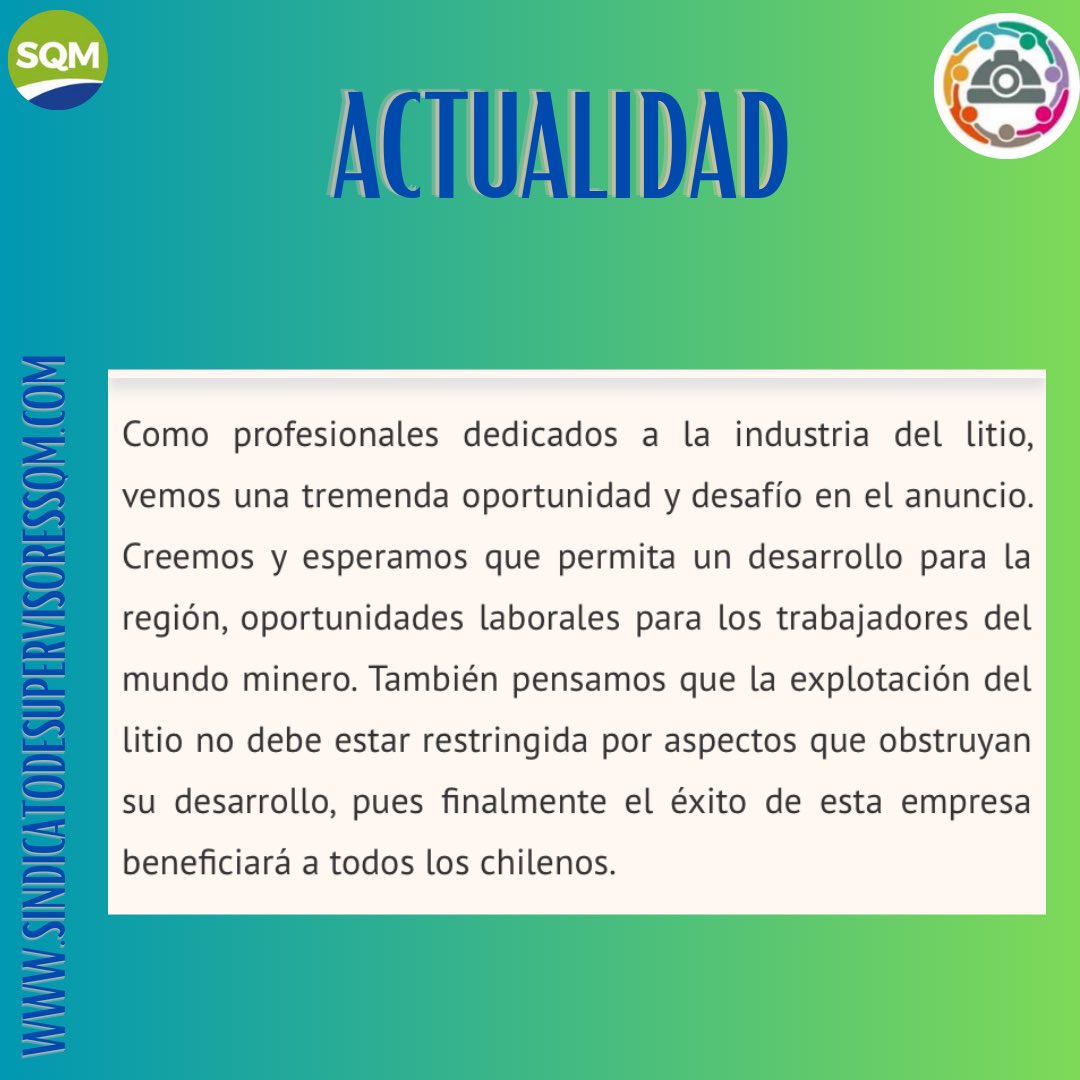 supervisoressqm's tweet photo. Te invitamos a leer la carta de opinión de nuestro sindicato que fue publicada en el Diario Financiero. 
Estamos ante una oportunidad única con la explotación del litio, donde los trabajadores deben ser protagonistas. https://t.co/SwWxi9k1Yf