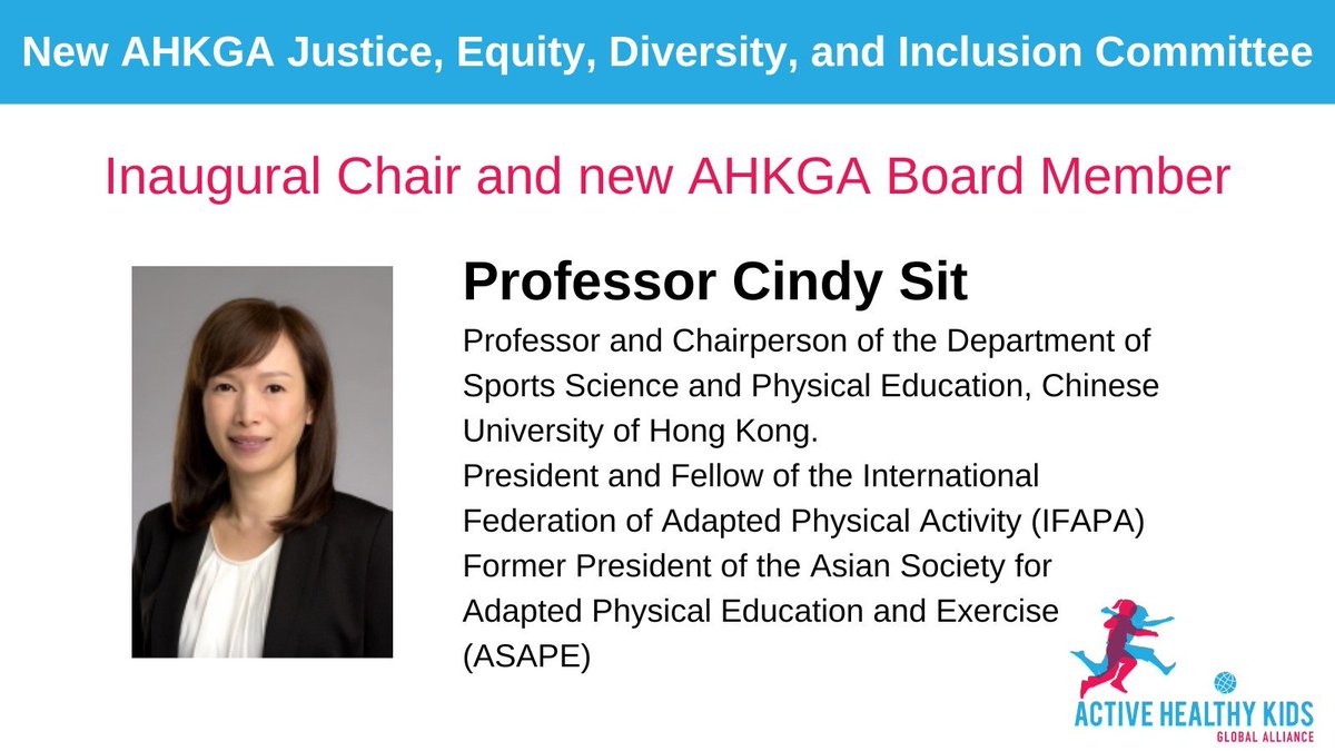 We are delighted to welcome Professor Cindy Sit as the inaugural Chair of the new Active Healthy Kids Global Alliance Justice, Equity, Diversity, and Inclusion (JEDI) Committee and new Board Member! activehealthykids.org/2023/09/25/pro…