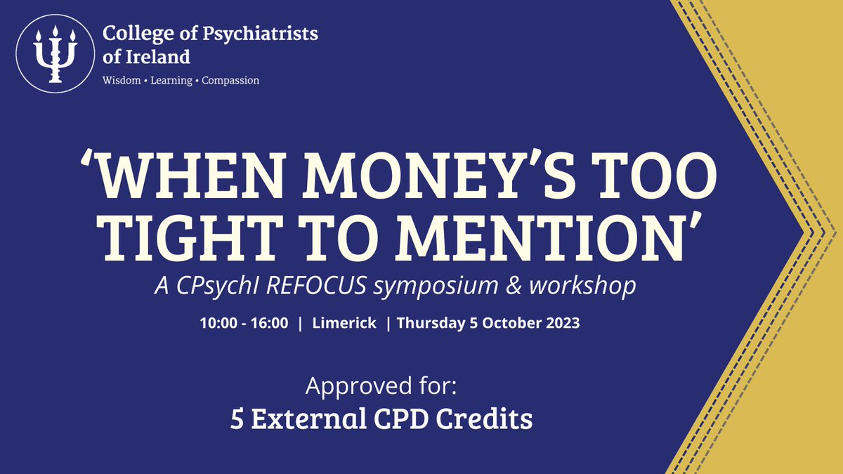 'When Money's Too Tight to Mention' - Professional advice, information and lived experience contributions from REFOCUS as well as: @MABSinfo @ETBIreland @CommHealthMW @FocusIreland @MidWestAries Open to Psychiatrists and team members. Email Ian at irice@irishpsychitry for info.