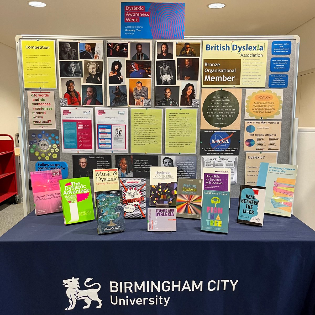 BCUlibrary's tweet photo. #DyslexiaAwarenessWeek starts today and to celebrate, we wanted to share this new display from our Mary Seacole Library at City South. 
Come and explore the brilliant books available and enter our competition for a chance to win a £10 Amazon voucher too!
#YourBCULibrary #DAW23 https://t.co/lW5awJT6na