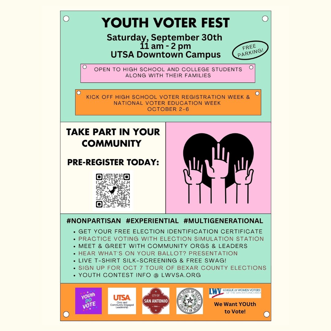 Join us THIS SATURDAY, 11am-2pm
& BRING YOUR T-SHIRTS!!
We are partnering with Youth Do Vote!
@youthdovote 

One of our lead muralists, Kye, a senior at Lanier HS, designed this logo which will be silk screened for FREE, bring your own t-shirt!

#WeWantYOUthToVote #utsa