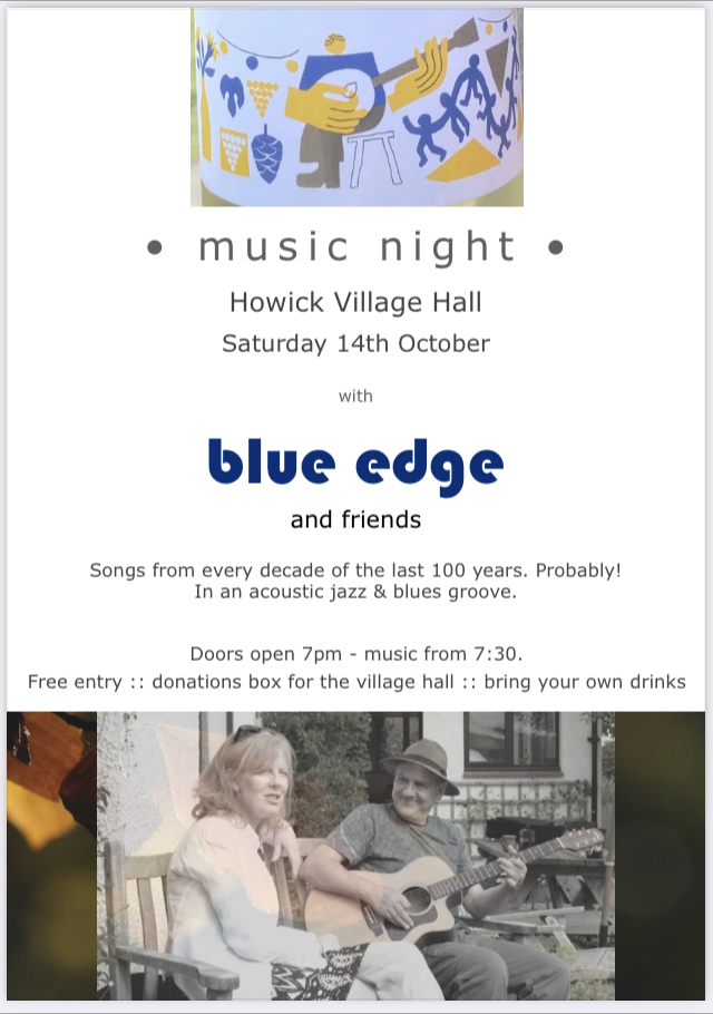 BlueEdge1's tweet photo. @BlueEdge1 and friends' gig Saturday 14th October, Howick Village Hall, details below! https://t.co/nKB60MyxWm