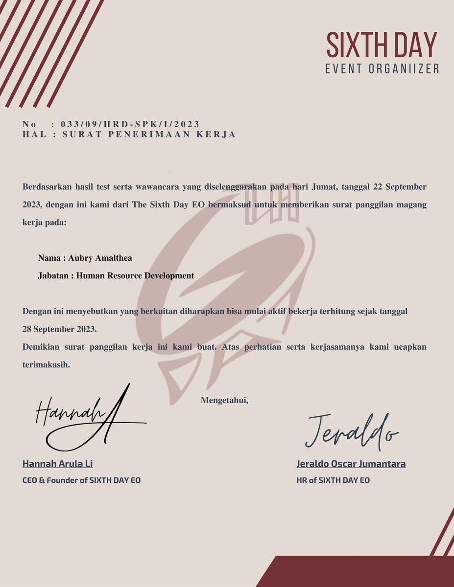 ㅤ

[ 📧 ]

𝐓𝐨 : Aubry Amalthea ( @aubrythea )
𝐅𝐫𝐨𝐦 : hrd@sixthday.com
𝐜𝐜 : 
<a href="/lihannah_/">Li Hannah</a>
, 
<a href="/ramenjawa/">Elang Ginanjar.</a>
, 
<a href="/nescafergh/">Jenggala.</a>
, 
@lostcontrouI
, 
<a href="/cottondglow/">ARIA KIM.</a>

Subject : Surat Penerimaan  Kerja

ㅤ