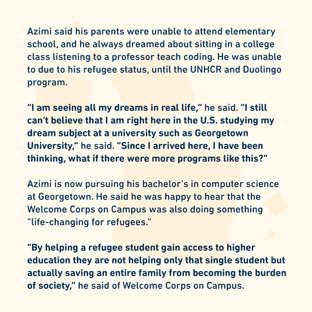 DuolingoENTest's tweet photo. Meet Asad, a refugee who defied odds to start at @Georgetown! 🎉With support from @Duolingo  &amp; @refugees, he's now pursuing a bachelor's degree in computer science at his dream school. Congrats, Asad! 👏 Learn more: https://t.co/7j2frB7qwQ #HigherEducation #RefugeeSuccess https://t.co/LCWu96Ni8T