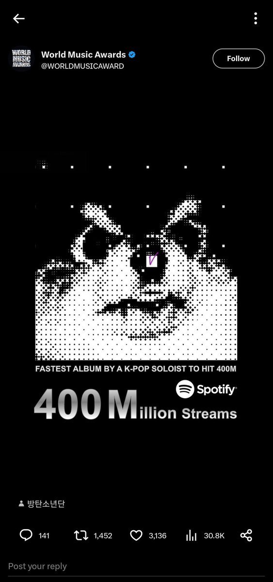 BTSV_Nigeria's tweet photo. V's album "Layover" has achieved a remarkable feat by accumulating an astounding 400 million streams on Spotify in just 21 days, making it the fastest album in the history of Korean soloists to achieve this milestone.
#Layover400M
#recordbreakerV
#historymakerV https://t.co/WTb3sFNnpK