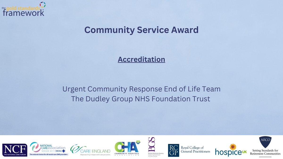 The Gold Standards Framework (@gsfcentre) on Twitter photo A huge congratulations to the Urgent Community Response End of Life Team, part of <a href="/DudleyGroupNHS/">The Dudley Group</a> on their outstanding achievement in receiving their accreditation award today! They are the first team to receive the Community Service Accreditation Award! ⭐ #GSFAwards23 A huge congratulations to the Urgent Community Response End of Life Team, part of <a href="/DudleyGroupNHS/">The Dudley Group</a> on their outstanding achievement in receiving their accreditation award today! They are the first team to receive the Community Service Accreditation Award! ⭐ #GSFAwards23