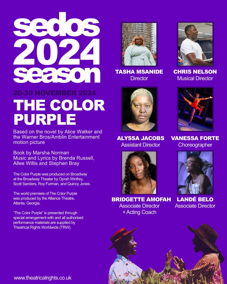 Really hope #theatretwitter can spread this far and wide. Here are the firsts for sedos (a 117 year old amateur dramatics society in London): 🪻First all-Black creative team 🪻First Black Director of a production 🪻First all-Black cast (to-be! #auditions #TheColorPurple