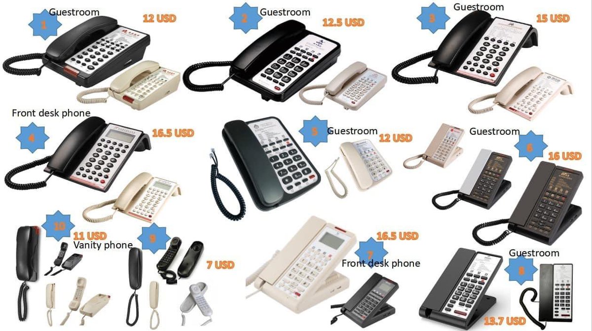 Various styles of USA hotel room telephones ,any interest，freely contact me on Whatsapp+86 187 7721 5839.
Design and print LOGO face plate for FREE,20% face plate is free for each order.
