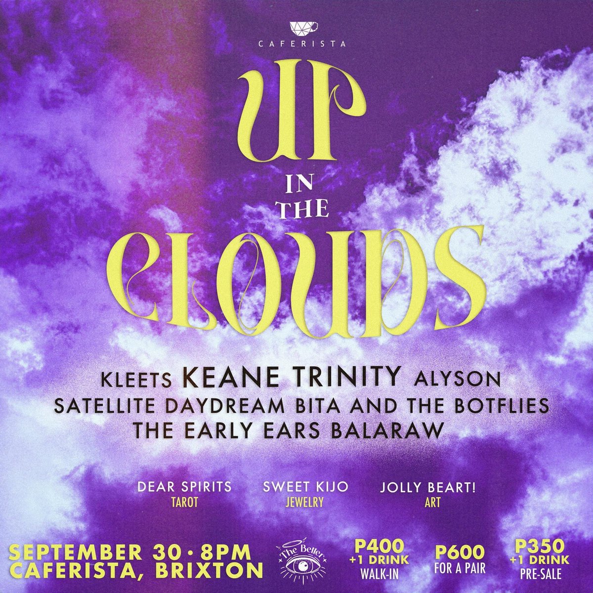Hello, Kapitolyo Pasig! Punta kami diyan bukas sa Caferista, para sa single launch ng Keane Trinity na UP IN THE CLOUDS! ☁️☁️☁️

Kasama namin sina Kleets, Alyson, Satellite Daydream, Bita and the Botflies, and The Early Ears.

See you tomorrow! Togs togs na! 🦎✨☕️