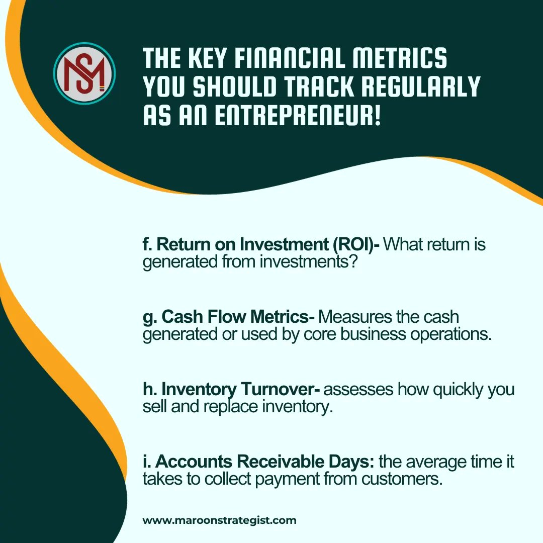 MaroonStrat's tweet photo. Swipe for some financial metrics you should be tracking regularly for your business.

#BusinessFinanceBuzz #BusinessTips #BusinessFinance #maroonstrategist https://t.co/v8JPIb1OAj