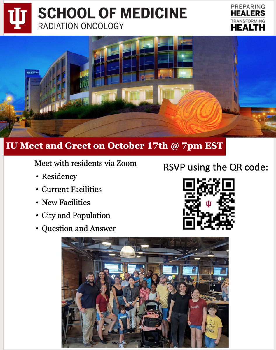 IU Radiation Oncology (@iuradonc) on Twitter photo Hey #MedTwitter and prospective #radonc residents! Don't forget to register for our virtual Meet & Greet!
📆October 17
⌚7pm EST
✏RSVP using the QR code👇🏽👇🏽
<a href="/MayElbannaMDPhD/">May F. Elbanna</a> <a href="/MWeismanMD/">Michael Weisman</a> <a href="/CAustinCurtis/">Austin Curtis</a> <a href="/AsamoahFA_Md/">Francis Adumata Asamoah, MD</a> <a href="/drchenx/">Sophie Chen</a> #Match2024 Hey #MedTwitter and prospective #radonc residents! Don't forget to register for our virtual Meet & Greet!
📆October 17
⌚7pm EST
✏RSVP using the QR code👇🏽👇🏽
<a href="/MayElbannaMDPhD/">May F. Elbanna</a> <a href="/MWeismanMD/">Michael Weisman</a> <a href="/CAustinCurtis/">Austin Curtis</a> <a href="/AsamoahFA_Md/">Francis Adumata Asamoah, MD</a> <a href="/drchenx/">Sophie Chen</a> #Match2024