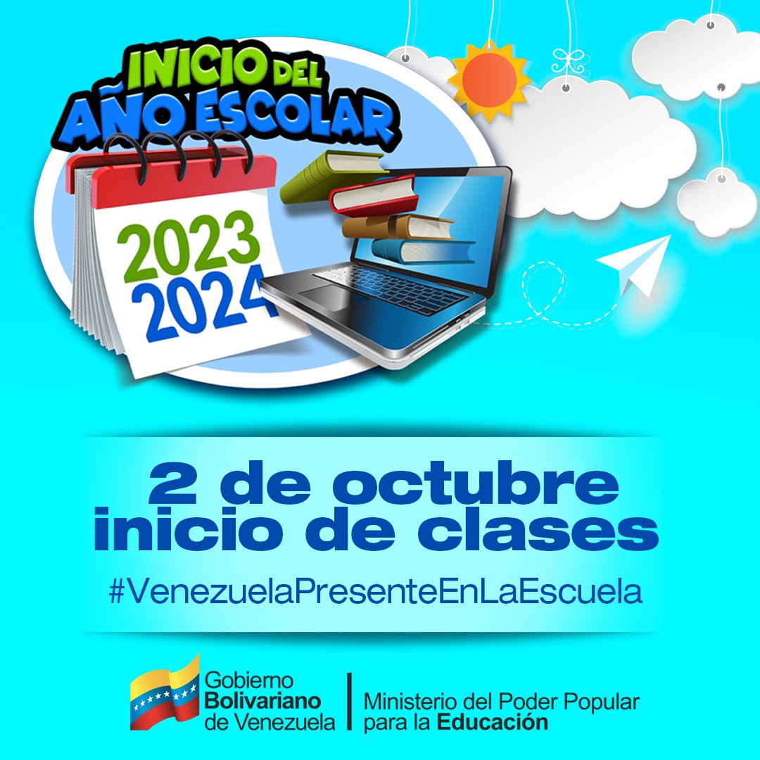 ¡Venezuela regresa a clases! 

Con alegría, amor y compromiso iniciamos el año escolar 2023-2024. 
Este lunes las escuelas y los liceos se abren para el buen vivir, para el crecimiento, para la enseñanza. 
¡Vamos pues, todos/as!

#VzlaPresenteEnLaEscuela
<a href="/NicolasMaduro/">Nicolás Maduro</a>