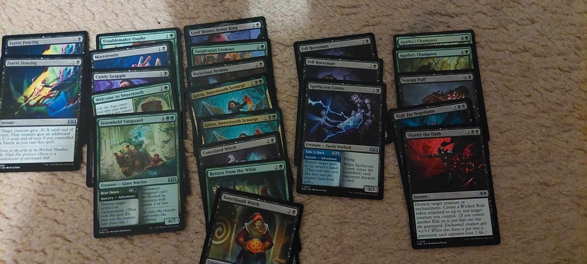 got 1st place (8 man pod) at nlg dandenong wilds of eldraine draft!

decklist, +9 swamps, +7 forests, +1 crystal grotto