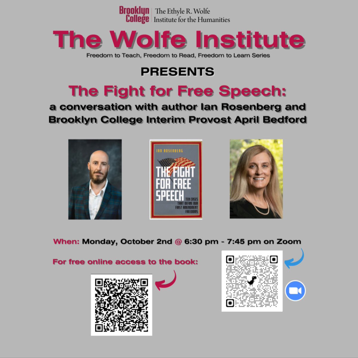 Brooklyn College’s <a href="/Wolfe_Institute/">The Wolfe Institute for the Humanities</a> presents a talk on THE FIGHT FOR FREE SPEECH with author &amp; <a href="/BCTVRMedia/">Department of TV, Radio & EM Brooklyn College</a> Adjunct Lecturer Ian Rosenberg on 10/2 at 6:30 pm! Hear about #BookBan threats &amp; his updated guide to #FreeSpeech, now in paperback. Zoom link QR code below &amp; in bio. 📣