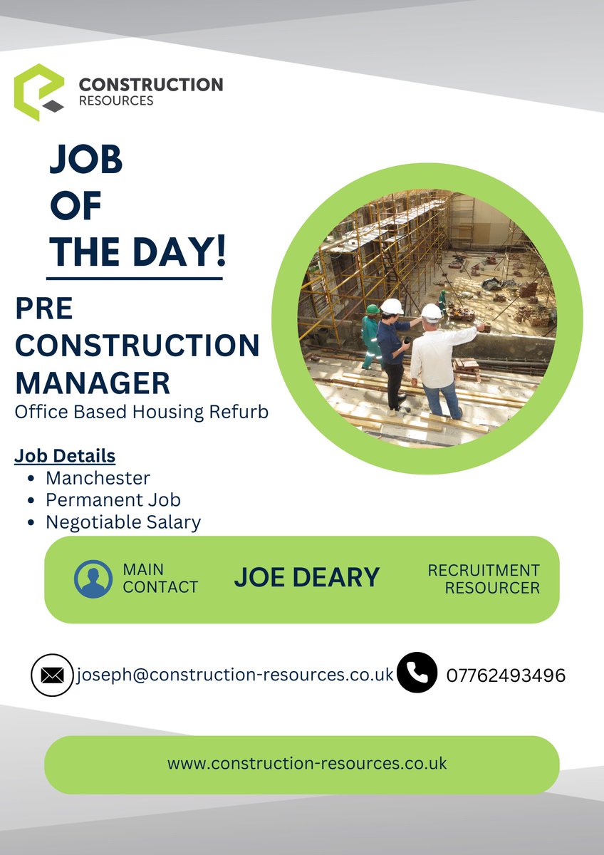 FriYAY's Job Of The Day!💼Pre Construction Manager😊Contact us for more details📞
#job #contactsus #newjob #preconstructionmanager