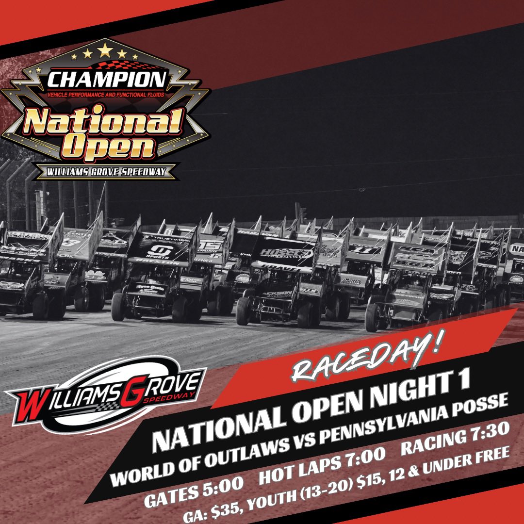 𝗜𝘁’𝘀 𝗥𝗔𝗖𝗘𝗗𝗔𝗬

Champion Racing Oil National Open weekend with the World of Outlaws Sprint Car Series gets underway tonight with $10,000 on the line! 

◾️Gates: 5:00
◾️Hot Laps: 7:00
◾️Racing: 7:30

🎟GA: $35, Youth (13-20) $15, 12 &amp; Under FREE. Pits $45.