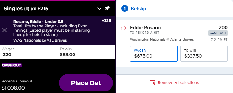 MDSportBet's tweet photo. 🚨Arbitrage alert
Washington Nationals vs Atlanta Braves

BetPARX: $320 on Eddie Rosario Under 0.5 Hits
FanDuel: $675 on Eddie Rosario Over 0.5 Over 0.5 Hits

💰Profit: $16+

#sidehustles #beermoney #sportsarbitrage #fliff #PrizePicks #mlb #Nats https://t.co/0851hW7K5k
