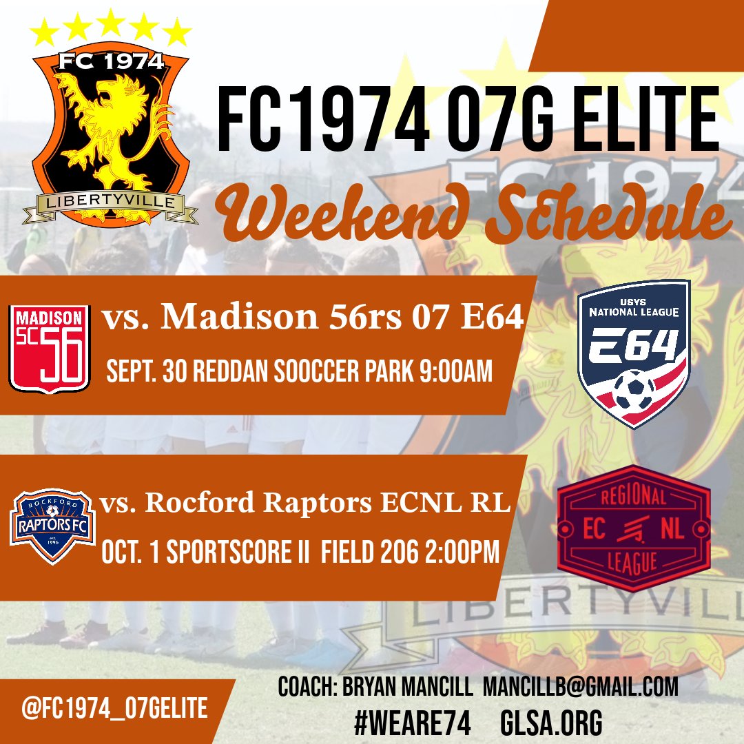 On the road vs <a href="/Madison56ersSC/">Madison 56ers SC</a> and <a href="/RRaptorsfc/">RockfordRaptorsfc</a> for 2 important midseason games. <a href="/FC1974GLSA/">GLSA FC 1974 Libertyville</a> <a href="/ImYouthSoccer/">ECNL/GA/Recruiting/College Soccer</a> <a href="/CoachBMancill/">Bryan Mancill</a> <a href="/UWL_Soccer/">UW-La Crosse Soccer</a> <a href="/UWPlattWSOC/">UW-Platteville Women’s Soccer</a> <a href="/BadgerWSoccer/">Wisconsin Women’s Soccer</a> <a href="/UWOWSoccer/">UWO Women's Soccer</a> <a href="/MarquetteWSOC/">MARQUETTE Soccer</a> <a href="/RainaSoccer/">Raina Schmitt</a> <a href="/skylerFC1974/">Skyler Sullivan</a> <a href="/dahlia_r14/">Dahlia Rodriguez</a> <a href="/Tessmcgorm13/">Tess McGormley</a> <a href="/SofiaOgren2025/">Sofia Ogren</a> <a href="/EmaDelg20Soccer/">Ema Delgado</a>