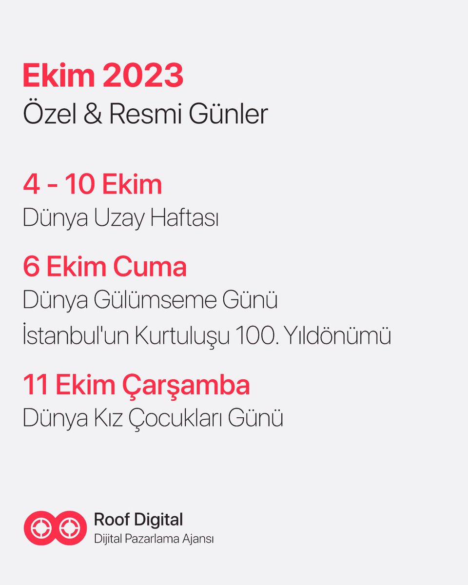 roofdigital's tweet photo. Markanızın dijital pazarlama faaliyetlerine değer katacak olan Ekim Ayı Özel Günler takvimini sizler için derledik.🗓️Aylık planlarınıza özel günleri dahil etmeyi unutmayın!
.
.
#roofdigital #dijitalpazarlamaajansı #sosyalmedya #dijitalpazarlama #sosyalmedyareklamcılığı https://t.co/Spqnl18jfq
