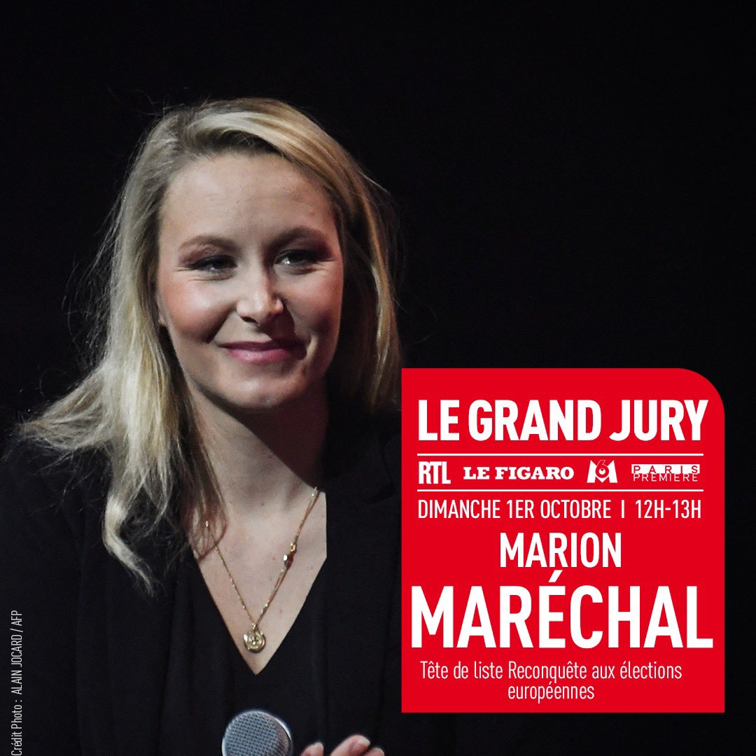 🔴 @MarionMarechal en tête de la liste Reconquête aux élections européennes sera interrogée par @olivierbost, @paulineB et @ClaireConruyt ce dimanche à partir de 12H dans « Le Grand Jury #RTL »