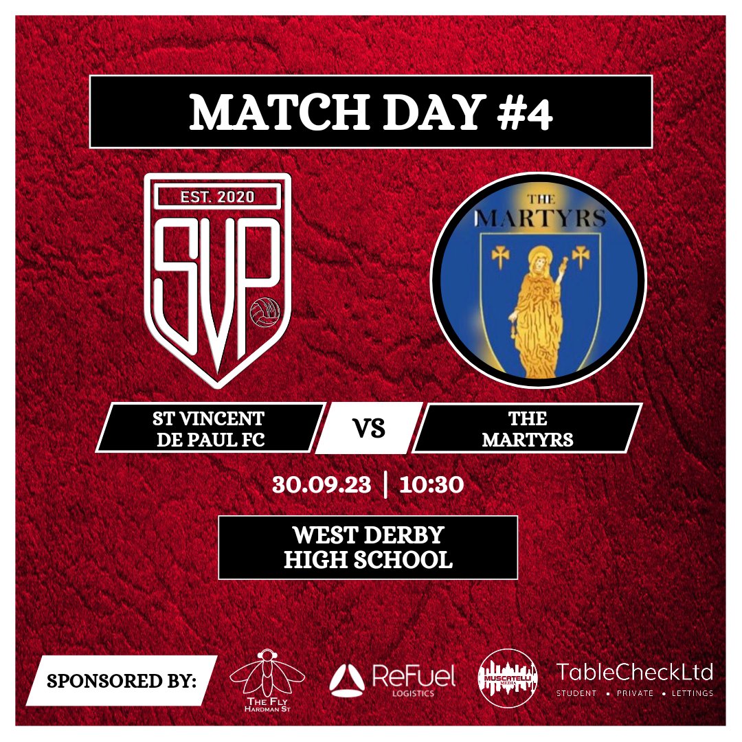 St Vincent de Paul FC (@svp_mcl) on Twitter photo After a week off, tomorrow we host <a href="/themartyrs3/">the martyrs</a> at home
🏟️West Derby High School
🕥 KO - 10:30
👕🔴⚫
Thanks to our sponsors:
<a href="/FlyintheLoaf/">Fly in the Loaf</a>
Refuel Logistics
Table Check
Muscatelli Media After a week off, tomorrow we host <a href="/themartyrs3/">the martyrs</a> at home
🏟️West Derby High School
🕥 KO - 10:30
👕🔴⚫
Thanks to our sponsors:
<a href="/FlyintheLoaf/">Fly in the Loaf</a>
Refuel Logistics
Table Check
Muscatelli Media