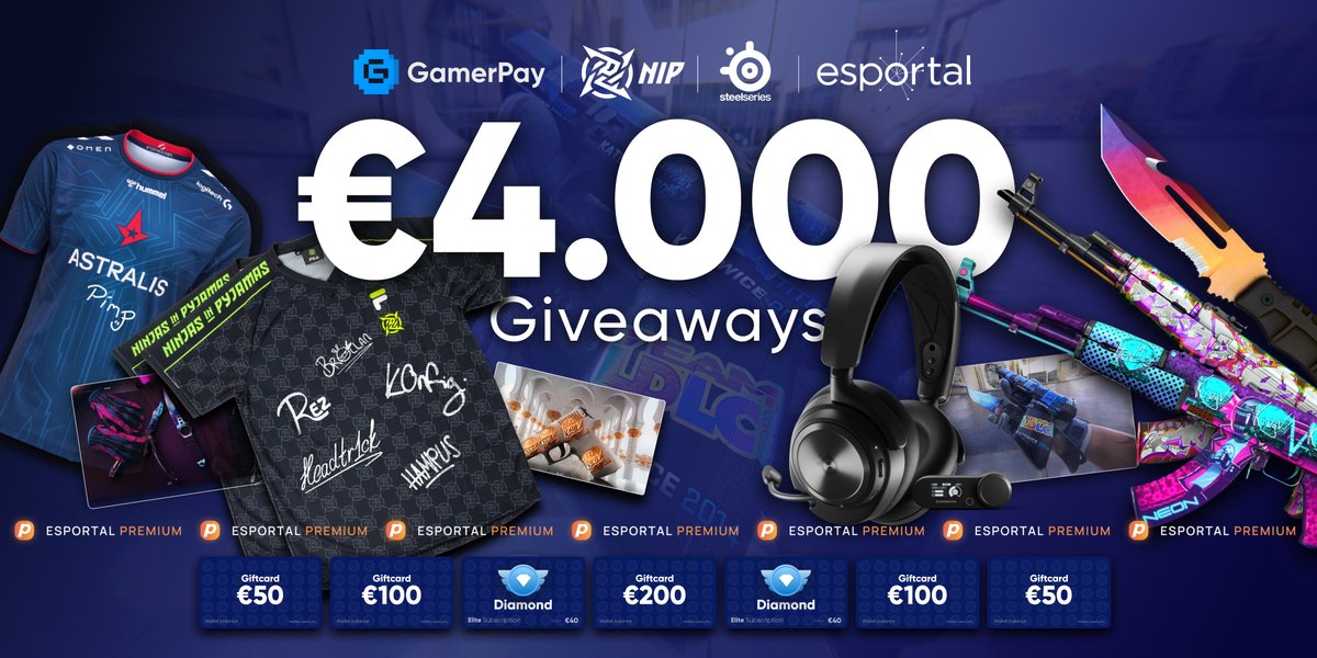 GamerPay (@gamerpaygg) on Twitter photo €4000 CS2 CELEBRATION GIVEAWAY! 🤩
Together with some lovely partners, <a href="/NIP/">Ninjas In Pyjamas</a>, <a href="/esportal/">Esportal</a>, <a href="/SteelSeries/">SteelSeries</a> and <a href="/PimpCS2/">Jacob “Pimp” Winneche</a> we are giving out many nice gifts.
Get a chance to win a SIGNED NIP jersey, a new headset from SteelSeries, a Survival Knife Fade or one of PIMP’s Astralis jerseys! €4000 CS2 CELEBRATION GIVEAWAY! 🤩
Together with some lovely partners, <a href="/NIP/">Ninjas In Pyjamas</a>, <a href="/esportal/">Esportal</a>, <a href="/SteelSeries/">SteelSeries</a> and <a href="/PimpCS2/">Jacob “Pimp” Winneche</a> we are giving out many nice gifts.
Get a chance to win a SIGNED NIP jersey, a new headset from SteelSeries, a Survival Knife Fade or one of PIMP’s Astralis jerseys!