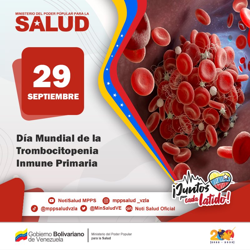 #Efeméride 🗓️ || #TalDíaComoHoy #28Sep Día Mundial de la Trombocitopenia Inmune (PTI). 💔 Afecta a la producción y destrucción de plaquetas aumentando el riesgo de sangrado.
#JuntosPorCadaLatido