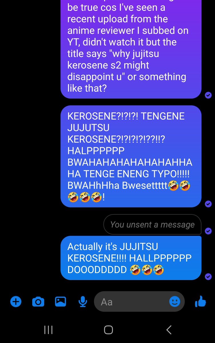 Aun1qa's tweet photo. Was chatting w my friend about anime sauces and autocorrect decided to slap me on my face today. JUJITSU KEROSENE 🥲 #JujutsuKaisen #nospoilers https://t.co/wkiv7mZBvi