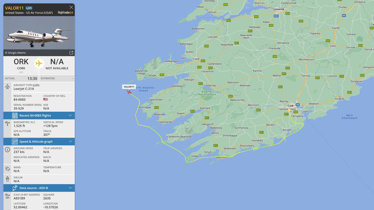 EISNspotter's tweet photo. ๐บ๐ธ US Air Force C-21A #AE01B9 84-0083
USAFE Learjet #VALOR11 arrived into ๐ฎ๐ช Cork Airport this morning from ๐ฉ๐ช Ramstein Air Base, now VFR off the coast of Kerry doing a bit of sightseeing? ๐ https://t.co/4maLEG3bYQ