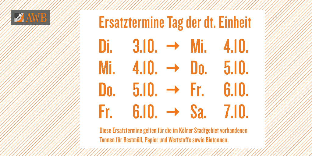 awbkoeln_info's tweet photo. Aufgrund des Feiertags am 3. Oktober verschieben sich die #Abfuhrtermine in dieser Woche ab dem Dienstag jeweils um einen Werktag nach hinten. Wir wünschen euch einen schönen Feiertag! #AWBkoeln #müllabfuhr #teamAWB https://t.co/d3Itq0yBXV