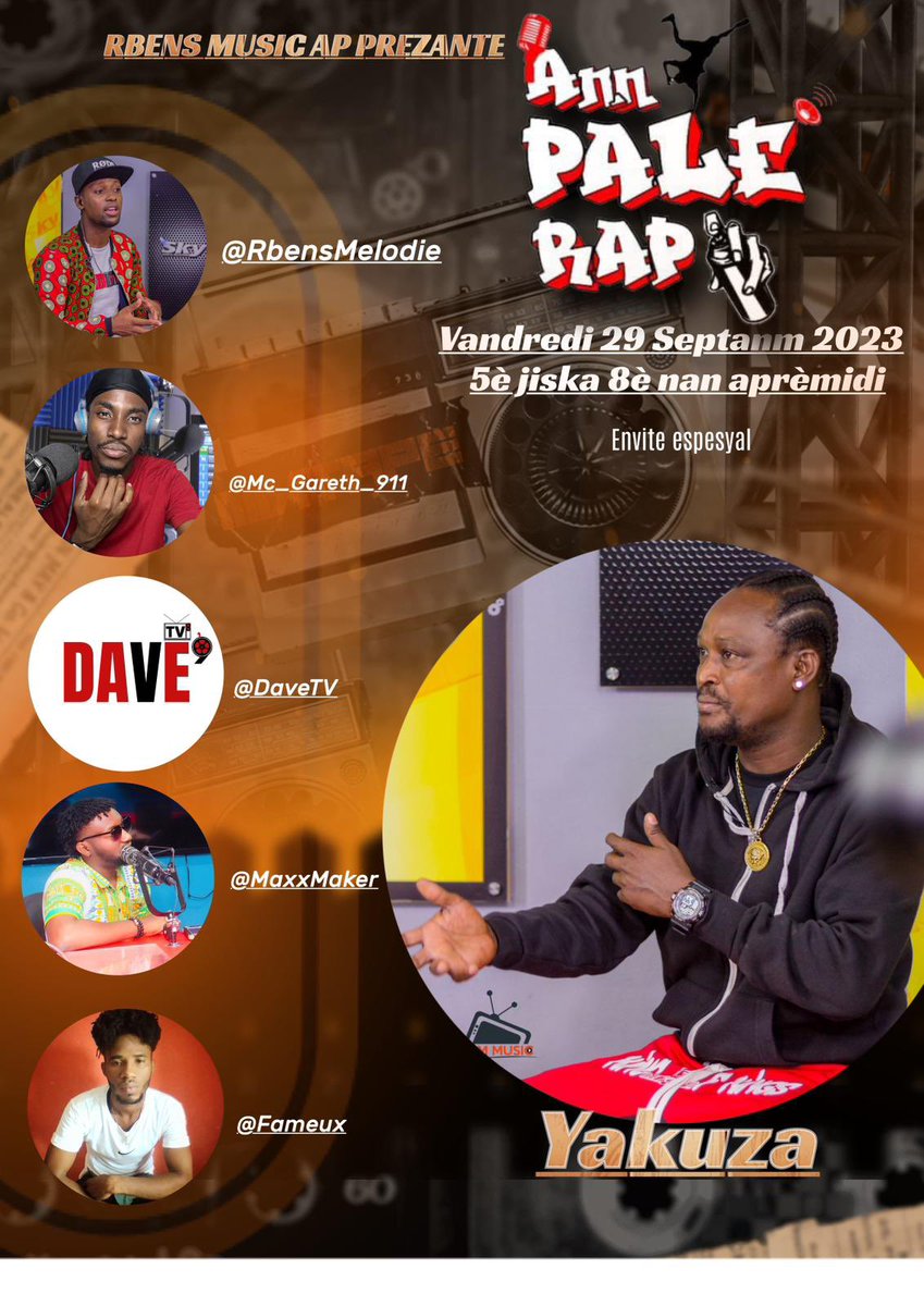 MelodieRbens's tweet photo. Randevou Pou Aswè a avèk #Yakuza nan Espas #AnnPaleRap pou yon lòt Paj Nan Listwa Rap Ayisyen an. Ansanm Nou Pral Bat Bouch Sou #RGM #ASRAP #RockFam #BèlèMasif #ZafèFanmi ak anpil lòt ankò 🙏🏾

#HipHop50 #AnnPaleRap #RapAyisyen 
@MaxxMaker @Mc_Gareth_911 @DAVETV_9 @fameux_ https://t.co/bYy8JSmaPB