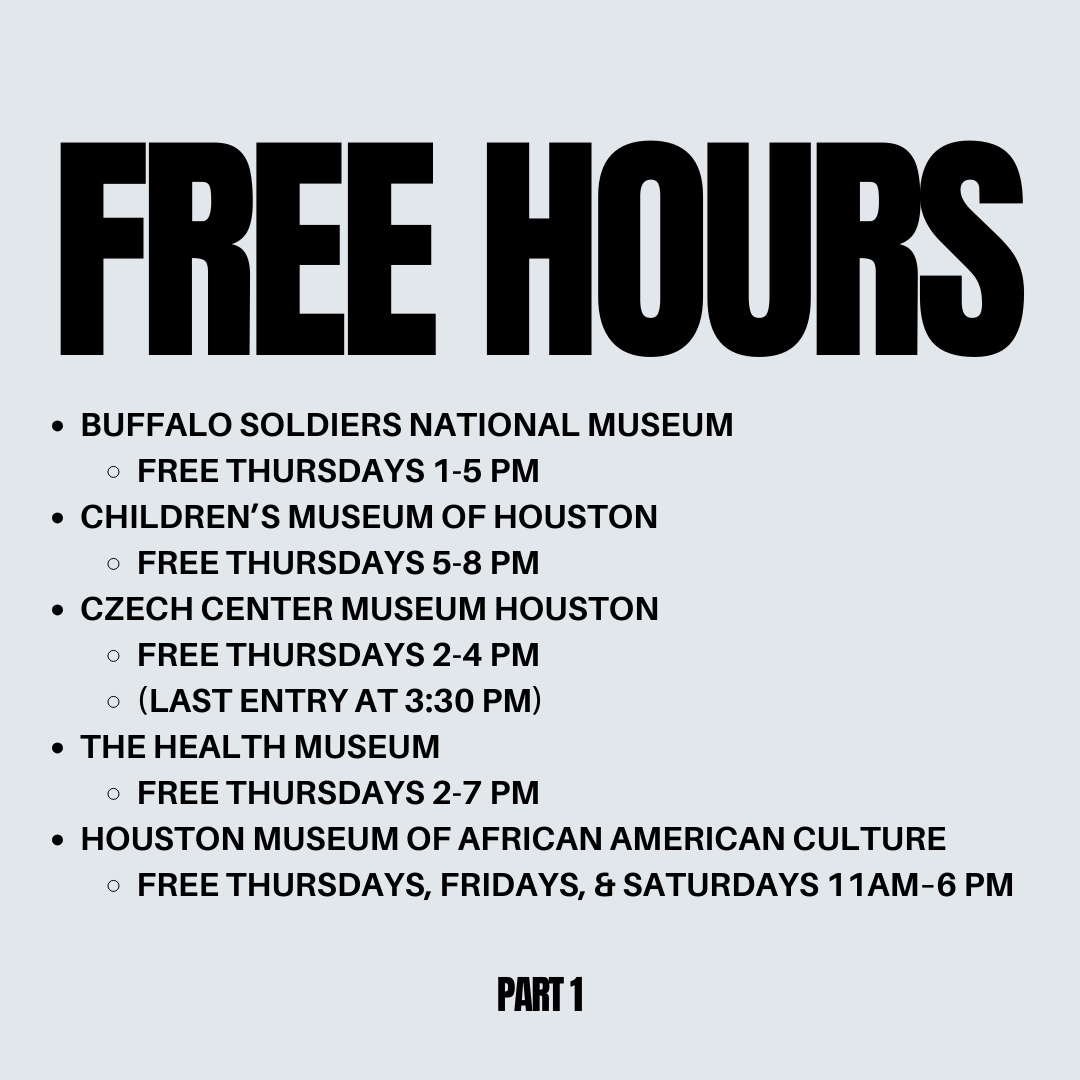 HOUMuseums's tweet photo. Free AND Fun! π₯³ Swipe through to see which museums are always free or free during select hours.
We hope to see you soon!
#HOUMuse #houstonmuseums #museums #houstonmuseum #museumdistrict #museumzoning #museumzones #freeentry #freemuseum https://t.co/NSVreJI0FH