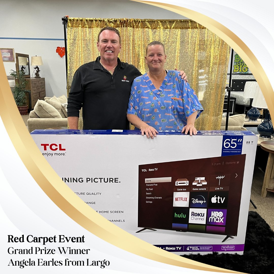 TheRentKing's tweet image. 🏆🎉 Let's hear it for Angela from Largo, our Red Carpet Event Grand Prize champion! 🥇📺 Angela, you're the lucky winner of a fantastic 65" 4K Smart TV. Your entertainment experience just got a major upgrade! 🌟📺 #WinnerAnnouncement #TVUpgrade #RedCarpetEvent