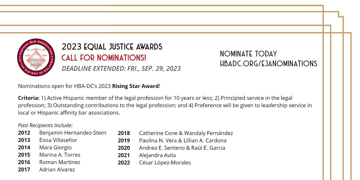 ⌛TODAY, Friday, September 29, 2023 at 11:59 pm is the final day to nominate outstanding individuals/organizations for HBA-DC’s 2023 Equal Justice Awards, including the Rising Star Award. Nominate now 👉 hbadc.org/ejanominations