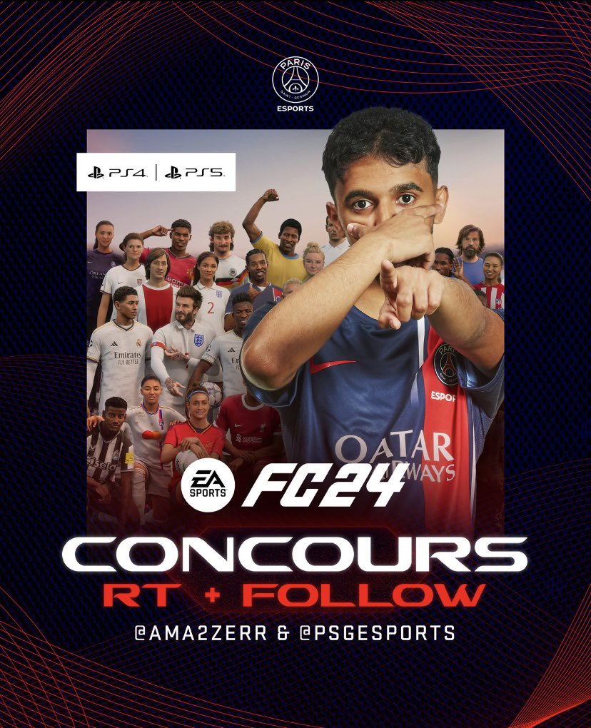 🚨 À l’occasion de la sortie de #FC24, le Paris Saint-Germain Esports vous offre la chance de gagner un code sur PS4/PS5 ⚽️🎮 - RT 🔄 - Follow @Ama2zerr & @PSGeSports 🔴🔵 - Tag un pote - Tirage le 2 octobre ! ⏰