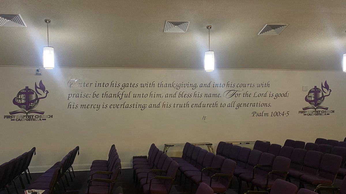 gohackworth's tweet image. Wall graphics and large acrylic sign for First Baptist Church Campostella 💜 #wallsignage #wallgraphics #wallwrap #acrylicsign #acrylicprinting #customsignage #printingservices