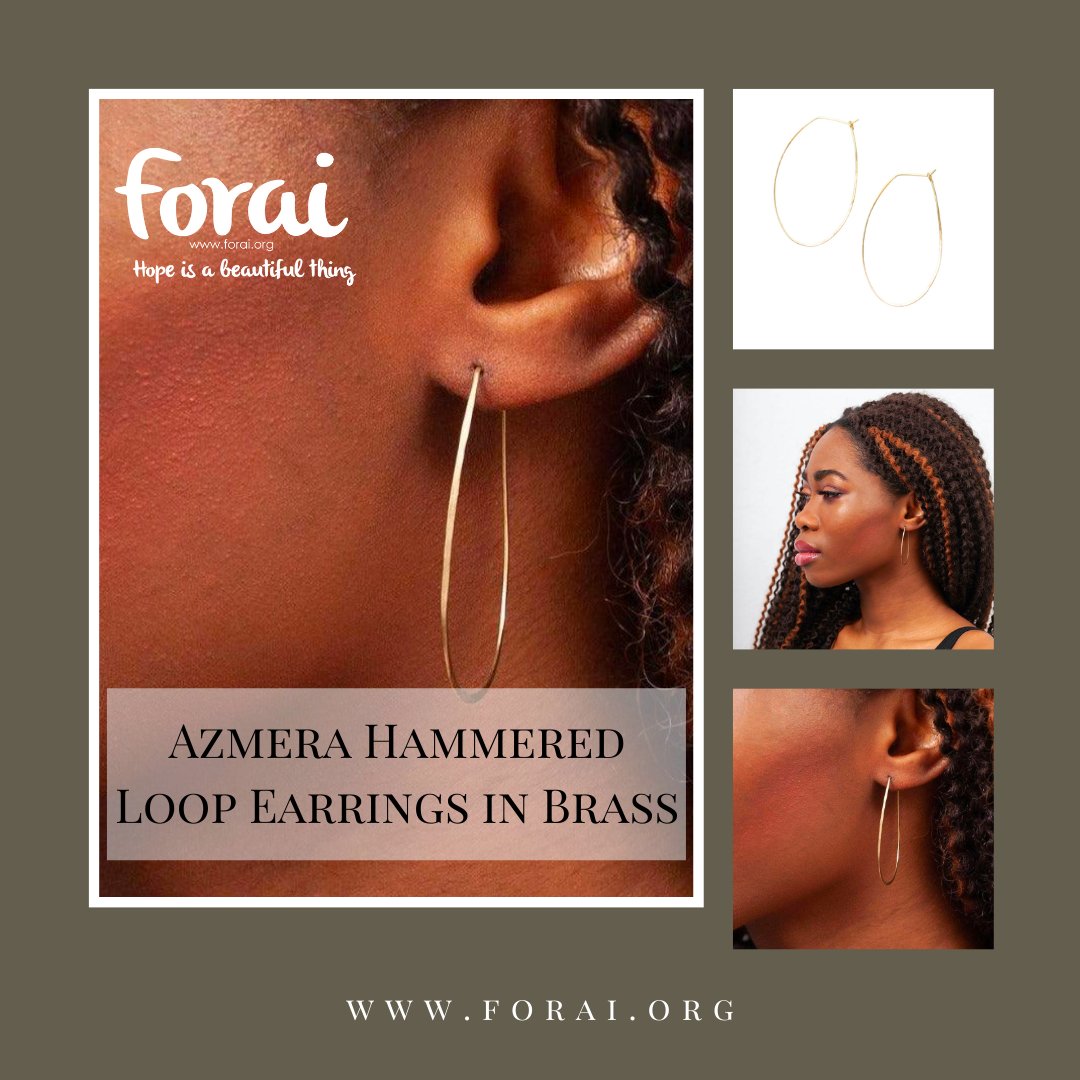 Make a statement with these timeless Azmera Hammered Loop Earrings in Brass! 🤩 Not only are they elegant and eye-catching, but they are also lightweight and comfortable enough to wear every day. 
.
.
#AzmeraLoopEarrings #EarringsForLife #Forai #RefugeeArtistry #JewelryWithHeart