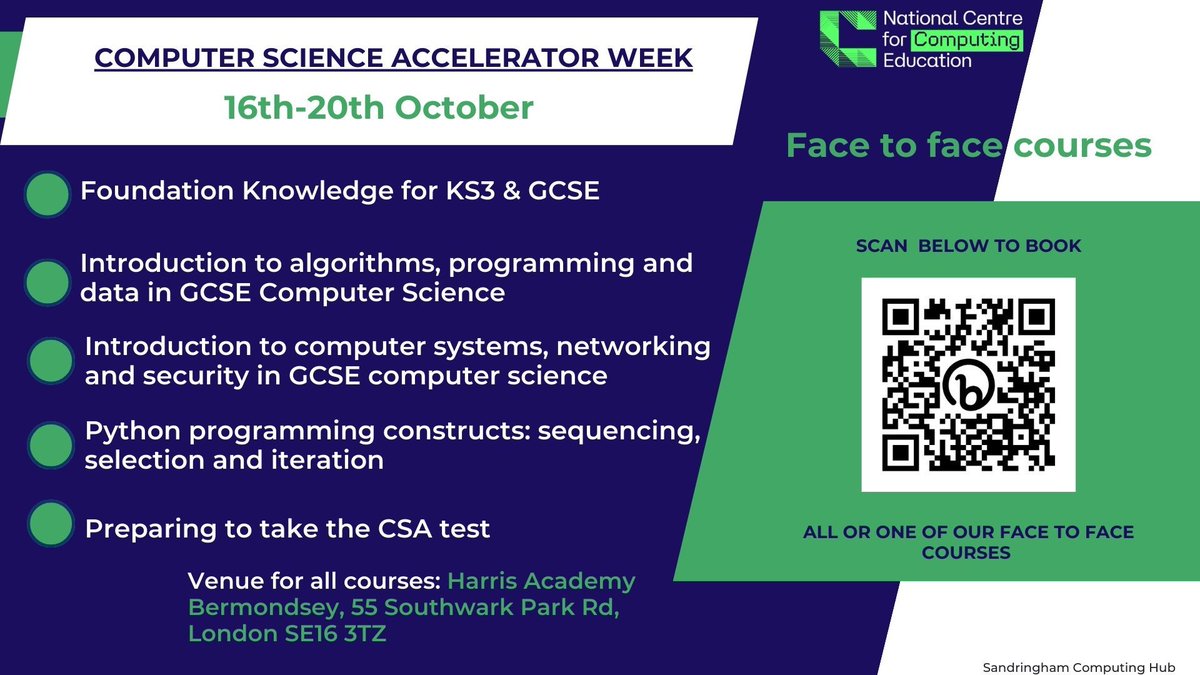 CS ACCELERATOR WEEK 16TH - 20TH OCTOBER Want to upskill your knowledge to be able to teach GCSE Computer Science? Want to gain a certificate in Computer Science subject knowledge from the British Computer Society? Book onto one or all of courses here: buff.ly/3ZBTm6H