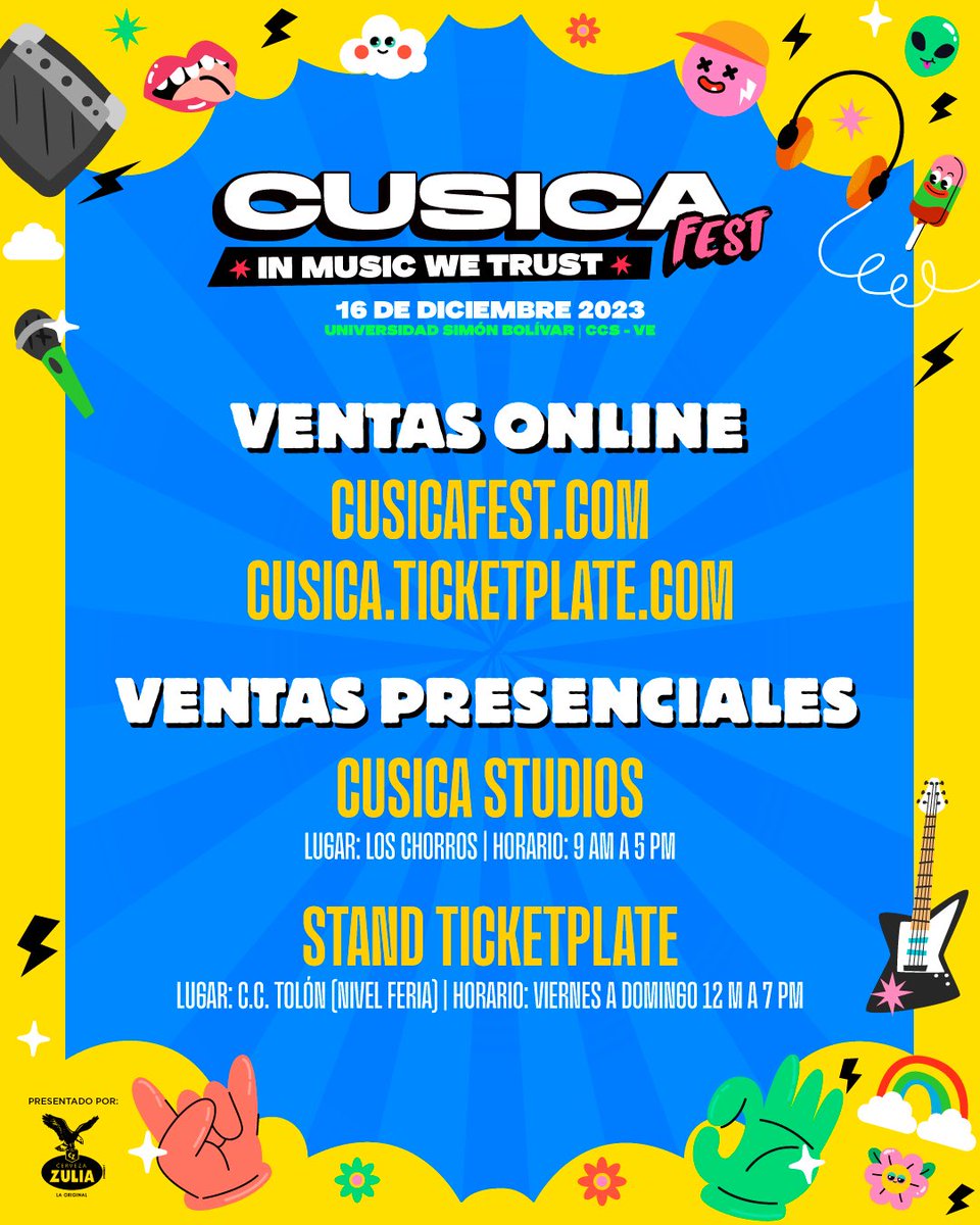 Bueno ✨SORPRESA✨ y buenos días a todos 😂

⚡ ESTE ES EL LINE-UP OFICIAL DEL CUSICA FEST 2023 ⚡

Les dejamos el increíble cartel de artistas nacionales e internacionales que nos acompañaran el 16 DE DICIEMBRE DE 2023 EN LA UNIVERSIDAD SIMÓN BOLÍVAR 🤩