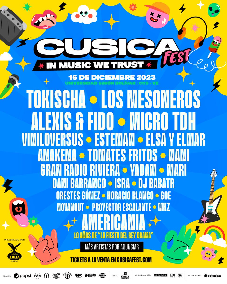 CusicaVzla's tweet photo. Bueno ✨SORPRESA✨ y buenos días a todos 😂

⚡ ESTE ES EL LINE-UP OFICIAL DEL CUSICA FEST 2023 ⚡

Les dejamos el increíble cartel de artistas nacionales e internacionales que nos acompañaran el 16 DE DICIEMBRE DE 2023 EN LA UNIVERSIDAD SIMÓN BOLÍVAR 🤩 https://t.co/BWZUDtawp6
