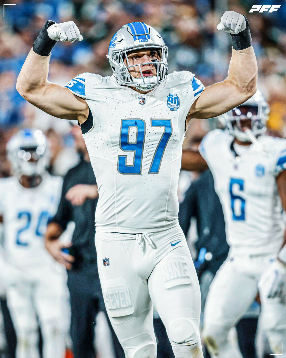 PFF's tweet photo. Aidan Hutchinson vs the Packers:

🦁 1.5 sacks
🦁 8 pressures
🦁 20.5% pass rush win rate

The only player with 7+ pressures in multiple games this season 😤 https://t.co/Su1bkrUfwf