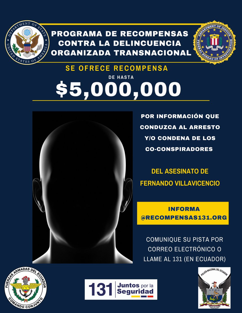 StateINL's tweet image. The United States remains committed to utilizing the Transnational Organized Crime Rewards Program to help identify and bring transnational criminals to justice. We support the Ecuadorian investigation to bring justice to the family of Fernando Villavicencio.
