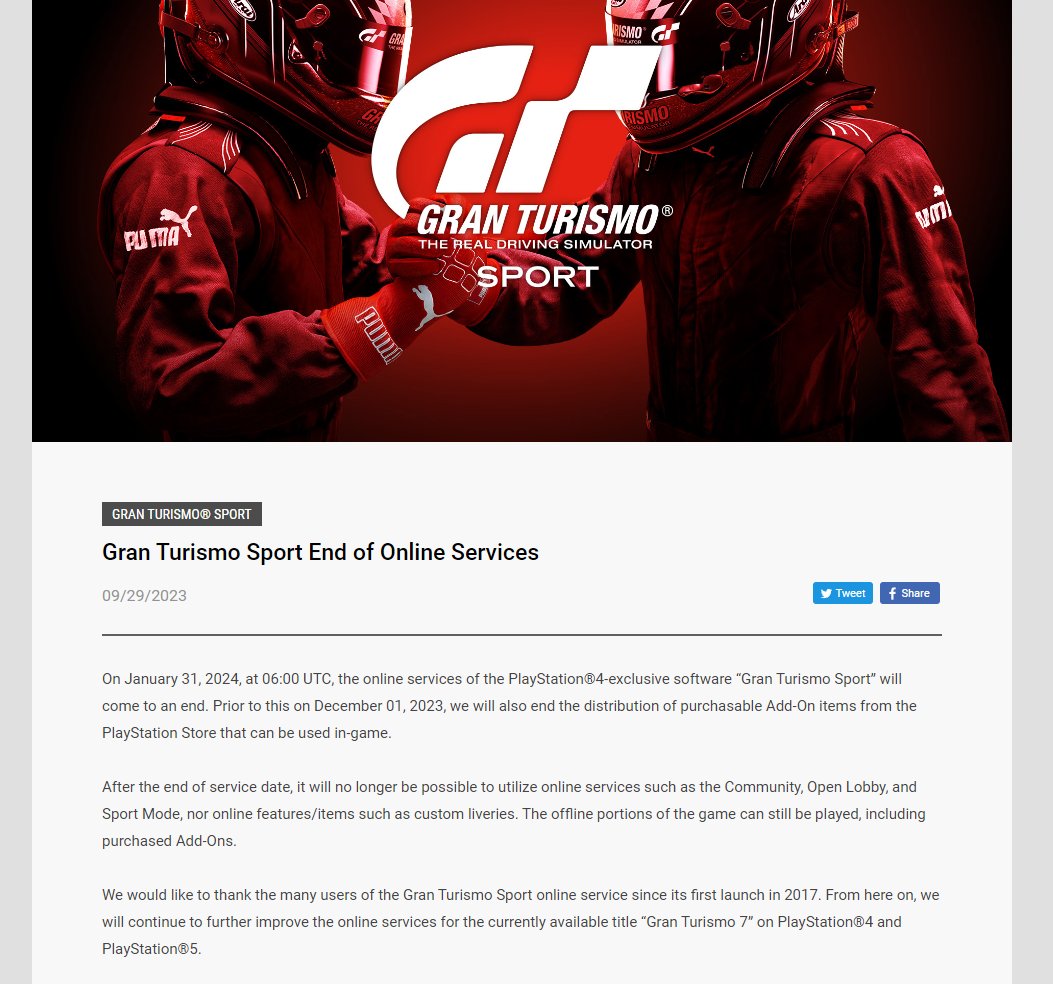 Gran Turismo Sport Online Services Ending on Jan. 31, 2024