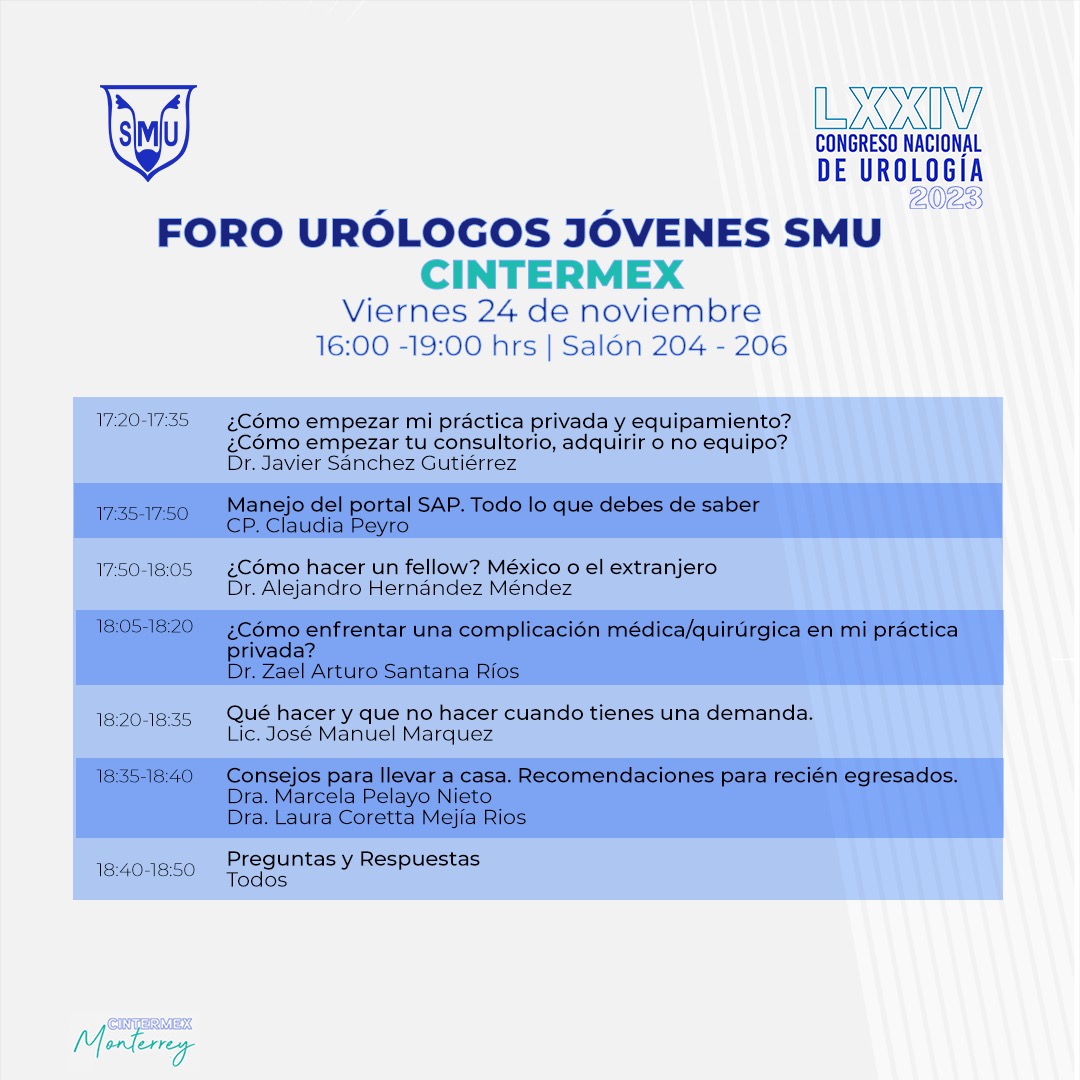 Te invitamos a participar en el enriquecedor Foro de Urólogos Jóvenes durante el Congreso Nacional de Urología. Encuentra detalles completos en nuestra página oficial y la plataforma de registro. 

📲 bit.ly/RegisterSMU 

#TodosSomosSMU #SMU #SMU2023 #SMU23 #Urología