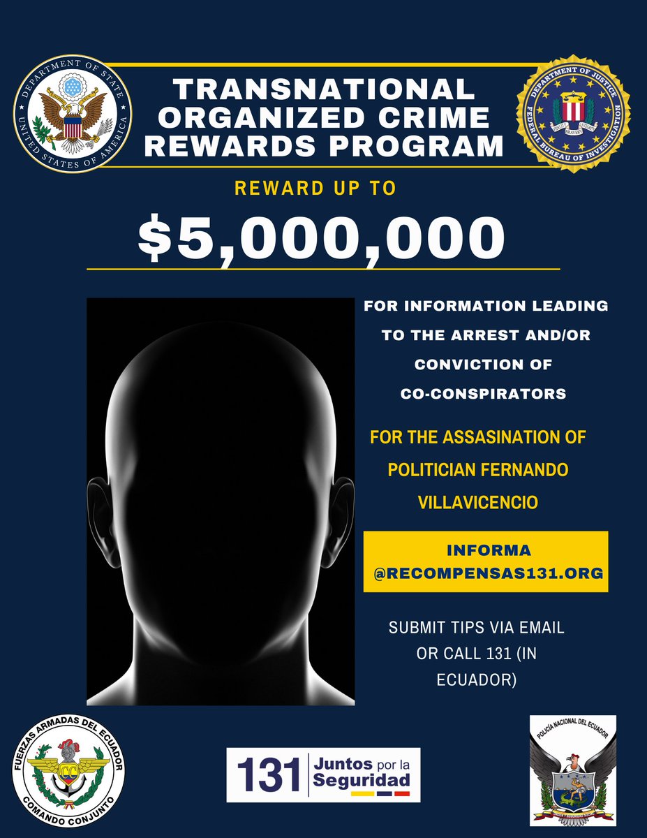 StateINL's tweet image. The United States remains committed to utilizing the Transnational Organized Crime Rewards Program to help identify and bring transnational criminals to justice. We support the Ecuadorian investigation to bring justice to the family of Fernando Villavicencio.