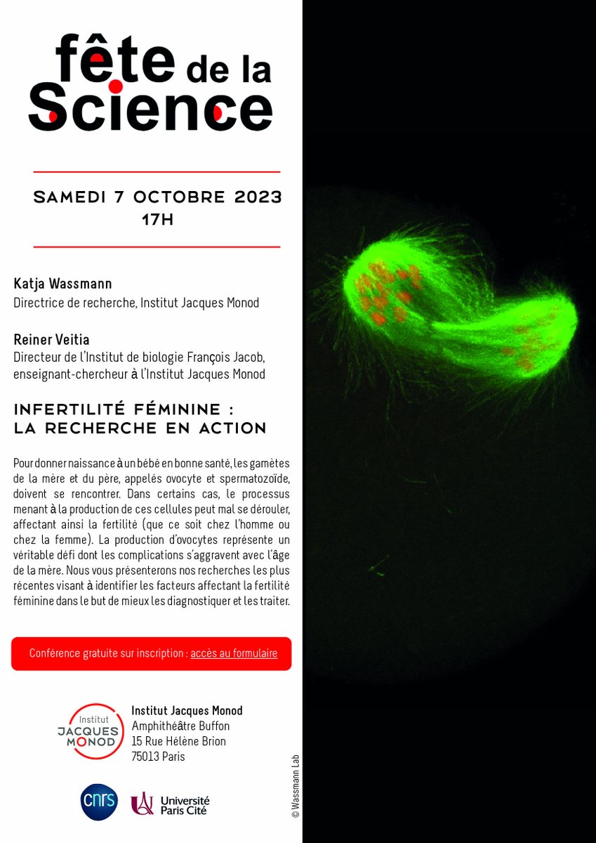 Conférence #FDS2023

🗓️ Samedi 7/10 à 17h
📍Institut Jacques Monod

Une conférence sera donné par Katja Wassmann et Reiner Veitia sur le thème "Infertilité féminine : la recherche en action"

➡️ Inscription gratuite obligatoire eventbrite.com/e/billets-conf…