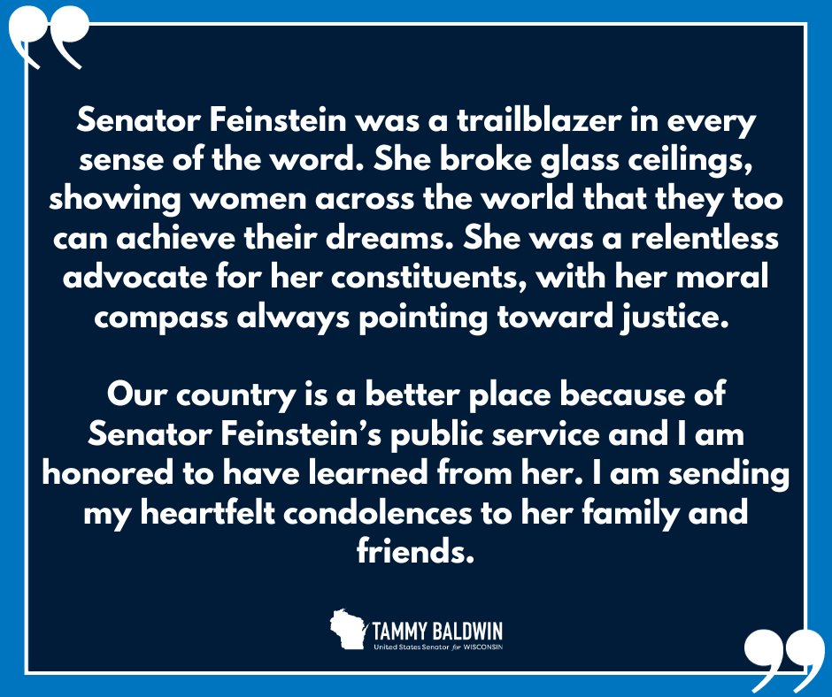 SenatorBaldwin's tweet photo. My statement on the passing of Senator Dianne Feinstein: https://t.co/JhqmSNVshd