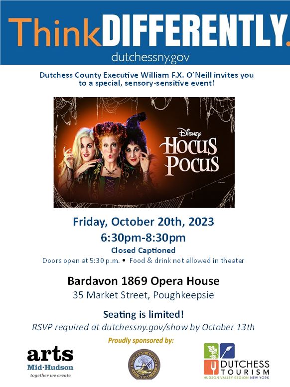 DutchessCoGov's tweet photo. Those of all abilities are invited to a free #ThinkDIFFERENTLY Movie Day on Fri, Oct. 20th, when we'll sponsor a sensory-sensitive screening of Halloween Classic "Hocus Pocus" at the Bardavon in Poughkeepsie. Registration required.

For more info see: https://t.co/xZcpO88902... https://t.co/hfhCT0aZwa